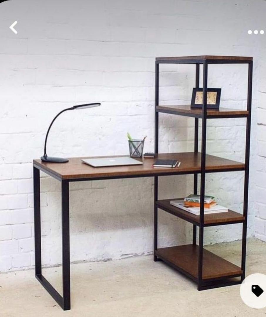 Elegant Metal Frame Wooden Top office desk.Industrial Chic Wood & Metal Shaped Desk with Integrated Shelving Unit