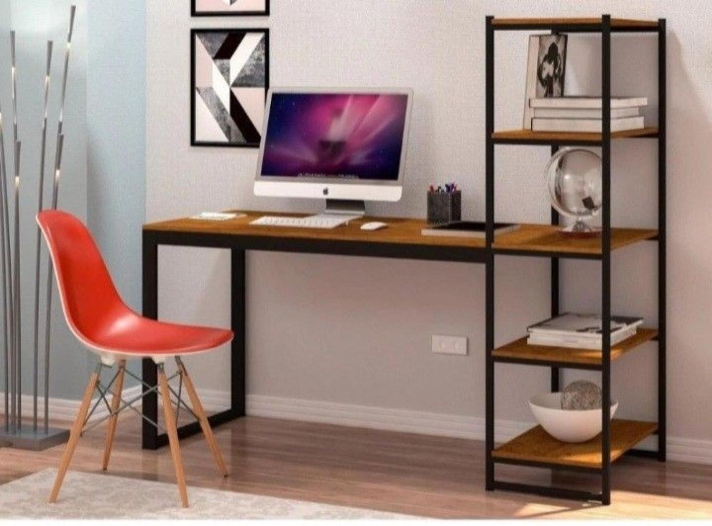 Elegant Metal Frame Wooden Top office desk.Industrial Chic Wood & Metal Shaped Desk with Integrated Shelving Unit