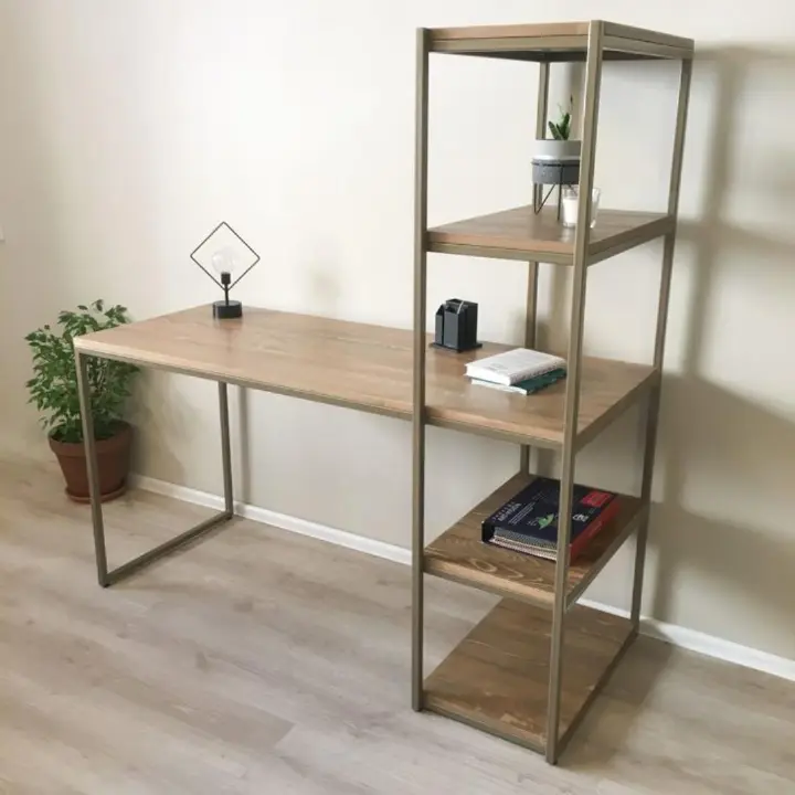 Synergy Space-Saver office Desk with Vertical Storage. Industrial design with five open shelves