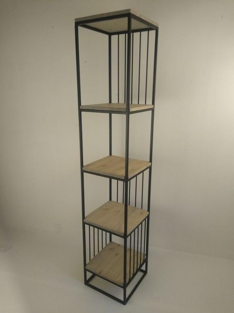 Rustic Wood decor standing tier shelves with Sturdy Black Iron Frame for living area and bedroom. humidifier, bed lamp, flowers stand.