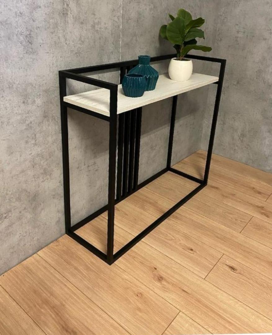 Modern Industrial Console Table with Marble Effect Top & Black Metal Frame | Slim Entryway Sofa Side Table, Hallway Accent Furniture with Storage Shelf for Living Room, Bedroom