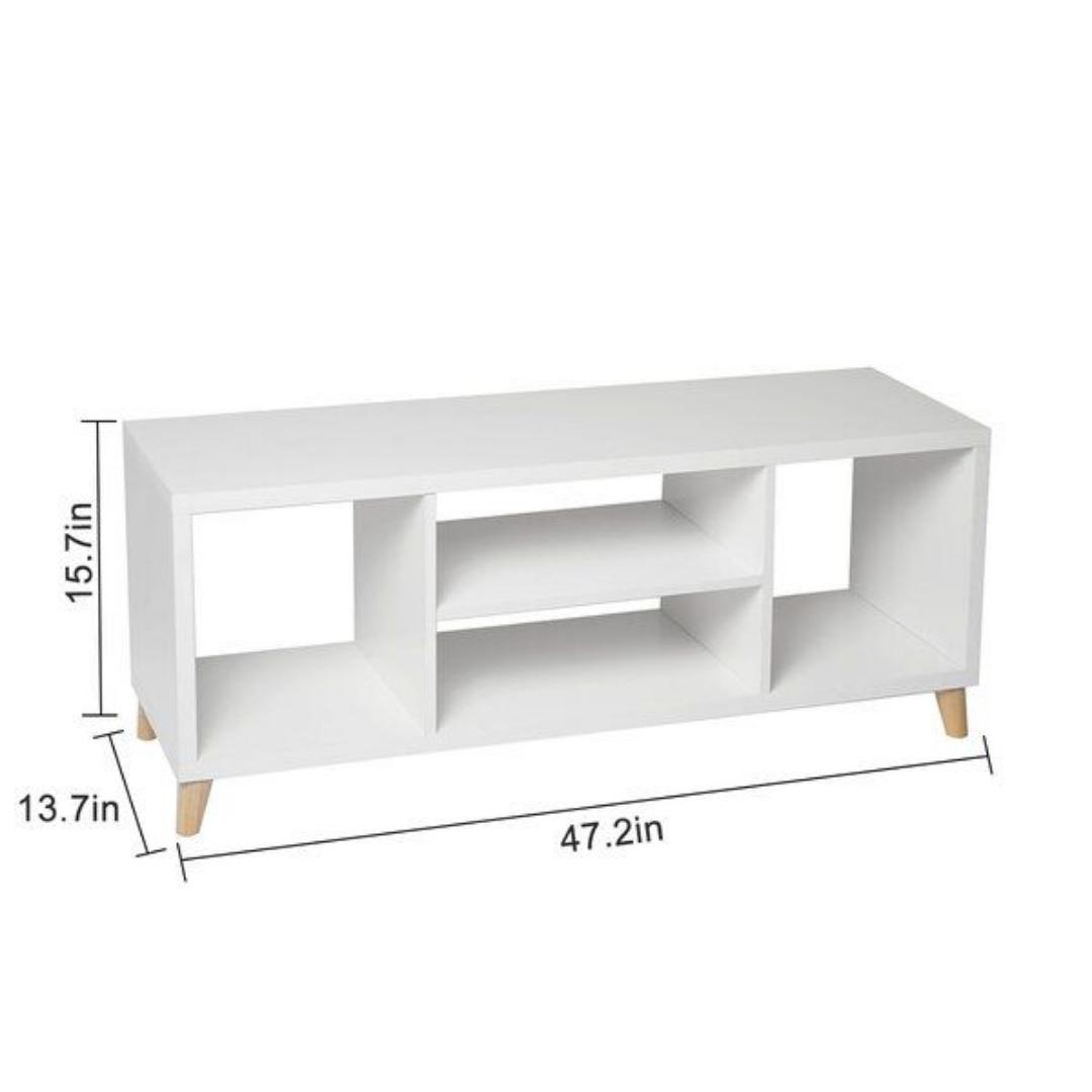Minimalist Modern White TV Stand with Wood Legs and Storage Shelves strong and sturdy signature living room console