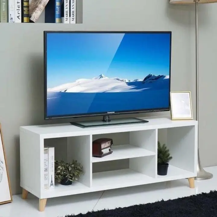 Minimalist Modern White TV Stand with Wood Legs and Storage Shelves strong and sturdy signature living room console