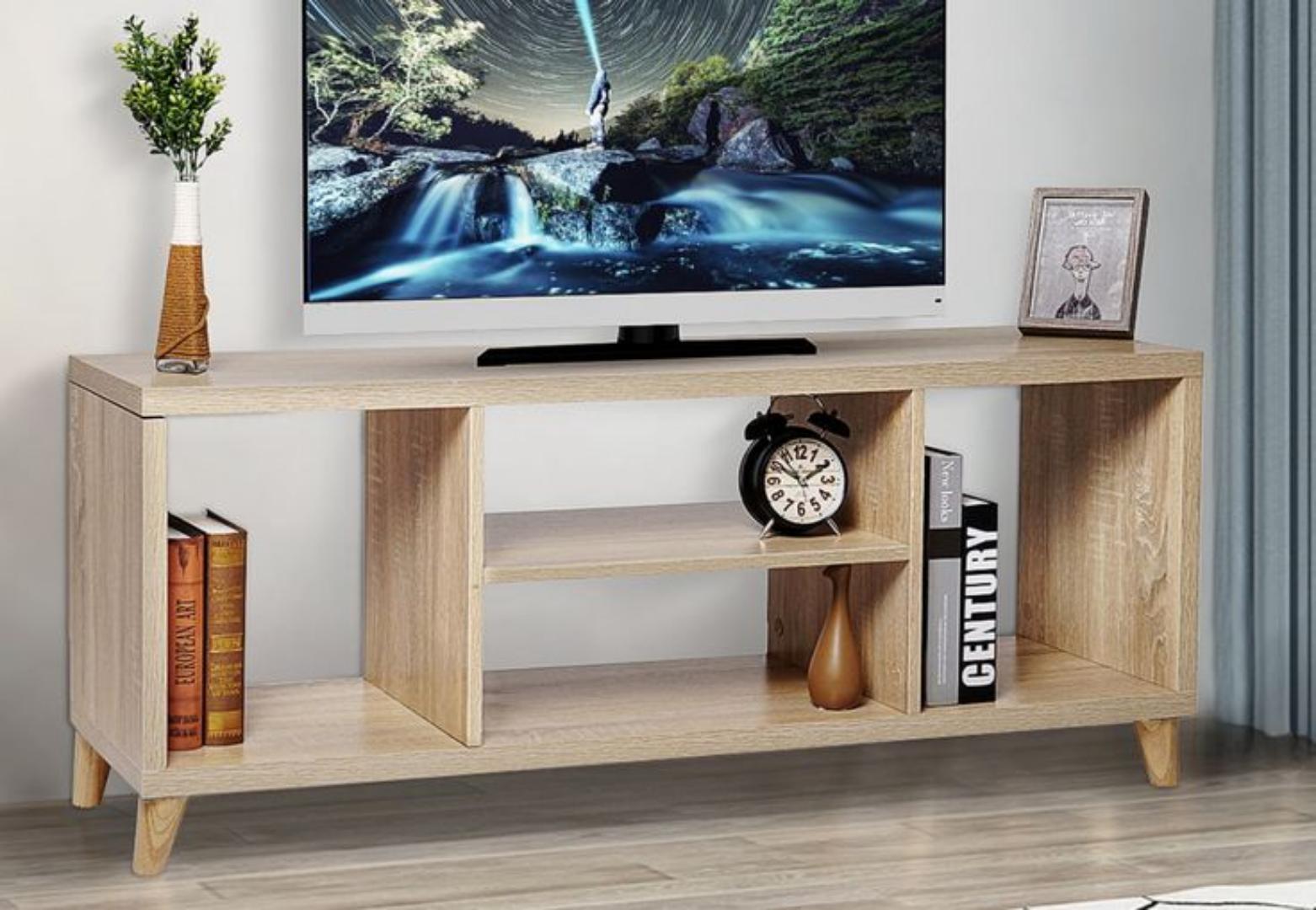 Minimalist Modern White TV Stand with Wood Legs and Storage Shelves strong and sturdy signature living room console