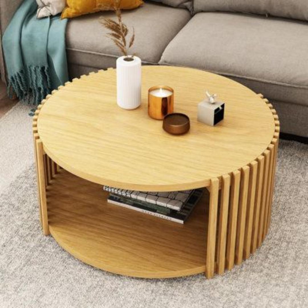 The Lamella circular coffee Table Walnut Wood Fluted Round Coffee TableThe Meridian Drum Coffee Table