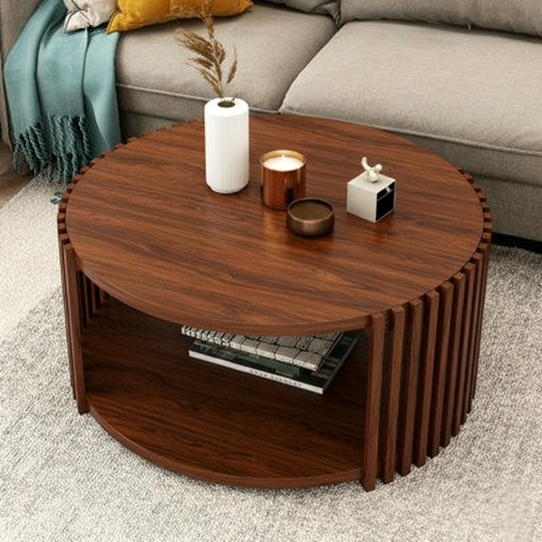 The Lamella circular coffee Table Walnut Wood Fluted Round Coffee TableThe Meridian Drum Coffee Table