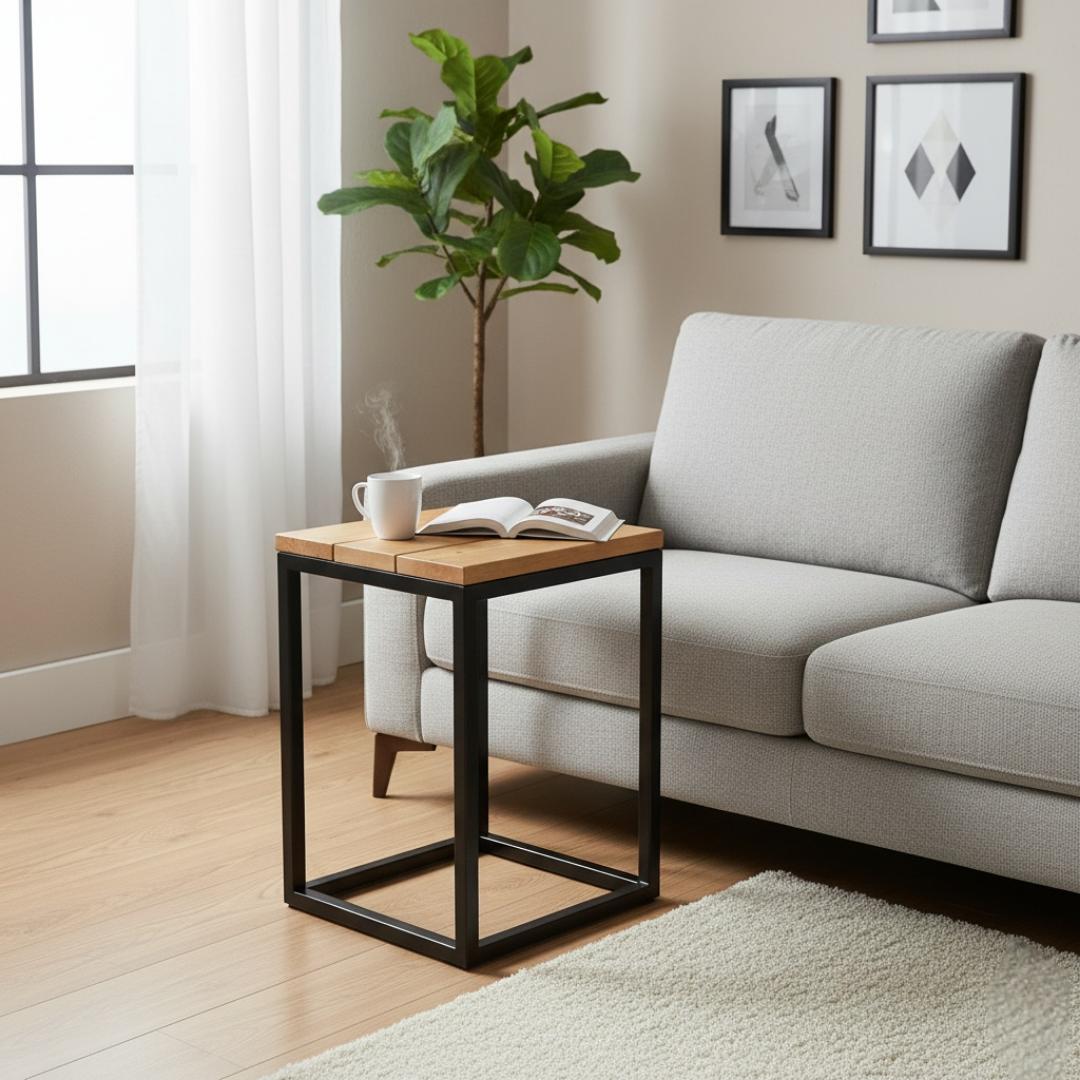 Rustic Wood & Black Steel C Table Pair - Space-Saving Sofa Snack Table & Laptop Stand | Contemporary Accent End Table for Living Room, Bedroom, Office, Small Spaces
