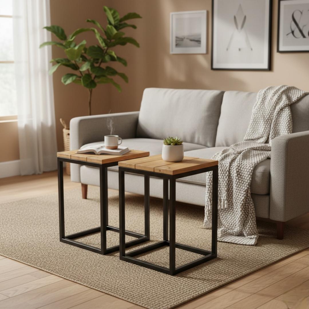 Rustic Wood & Black Steel C Table Pair - Space-Saving Sofa Snack Table & Laptop Stand | Contemporary Accent End Table for Living Room, Bedroom, Office, Small Spaces