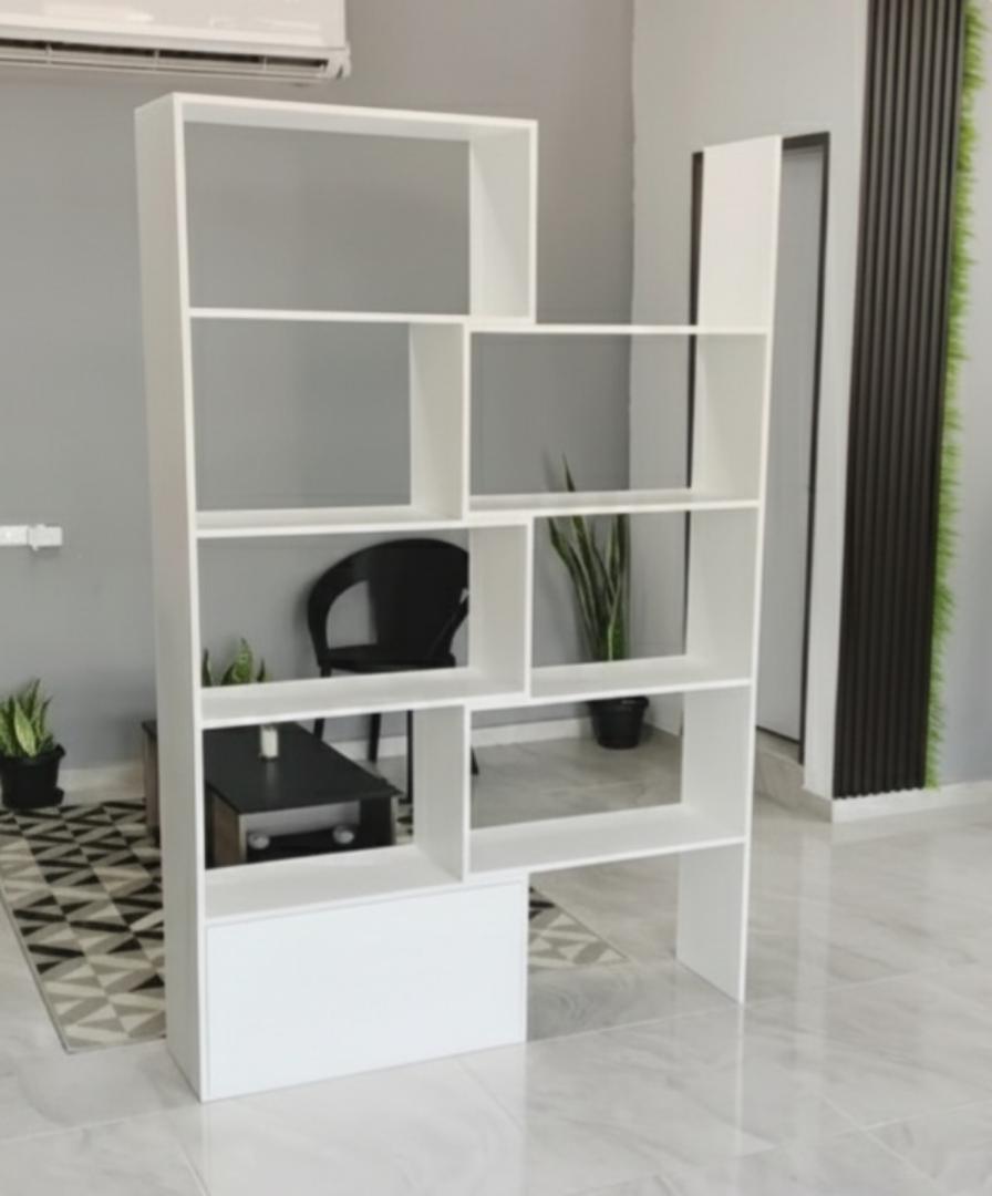 Expandable Modern Geometric Bookshelf Room Divider with Storage Cabinet | White, Black & Royal Teak Varieties | Versatile Home & Office Display Shelf Unit