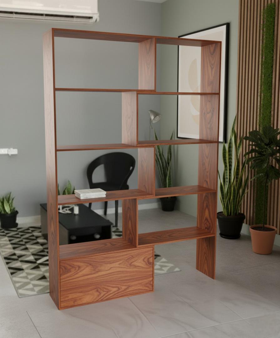 Expandable Modern Geometric Bookshelf Room Divider with Storage Cabinet | White, Black & Royal Teak Varieties | Versatile Home & Office Display Shelf Unit