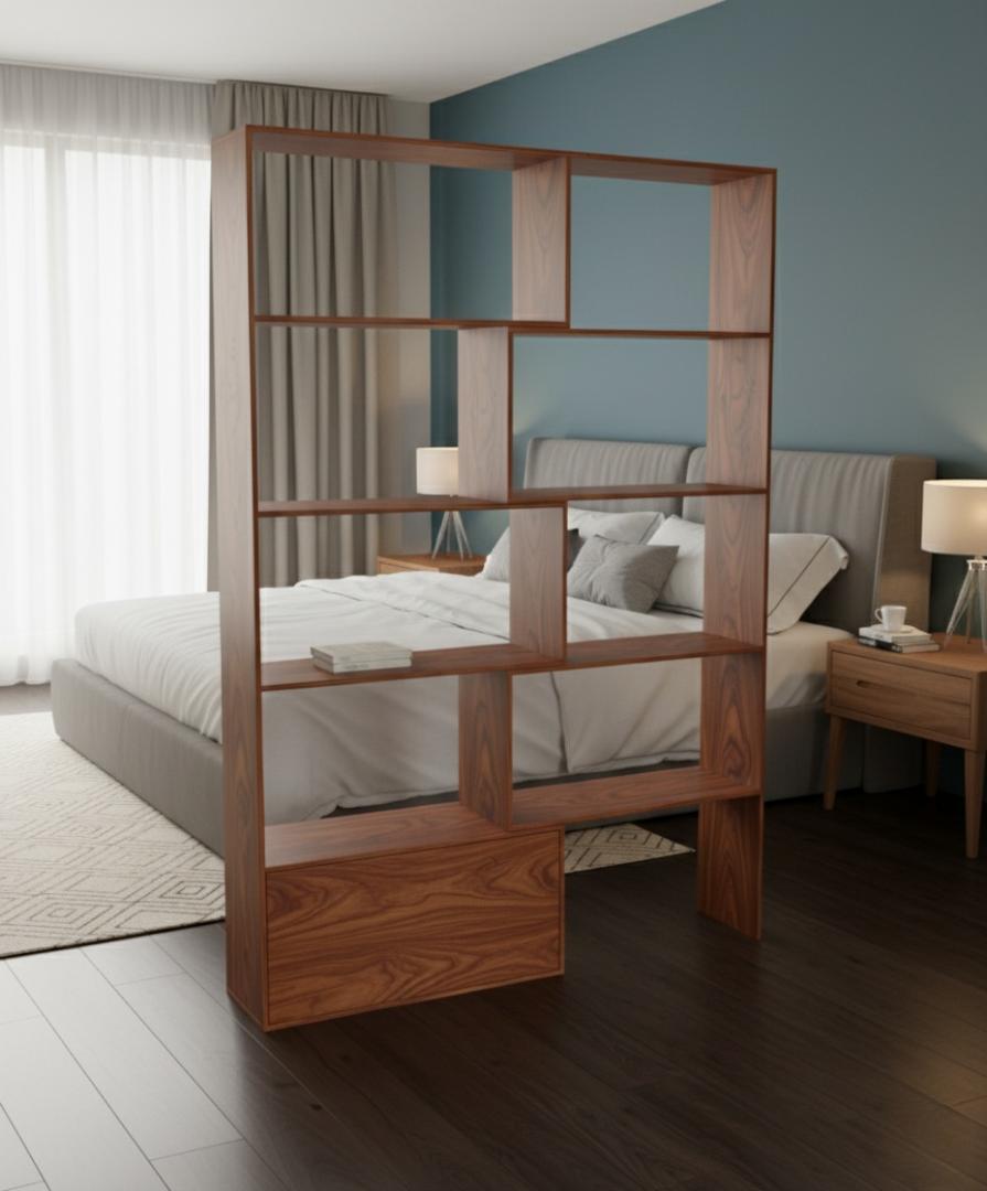 Expandable Modern Geometric Bookshelf Room Divider with Storage Cabinet | White, Black & Royal Teak Varieties | Versatile Home & Office Display Shelf Unit