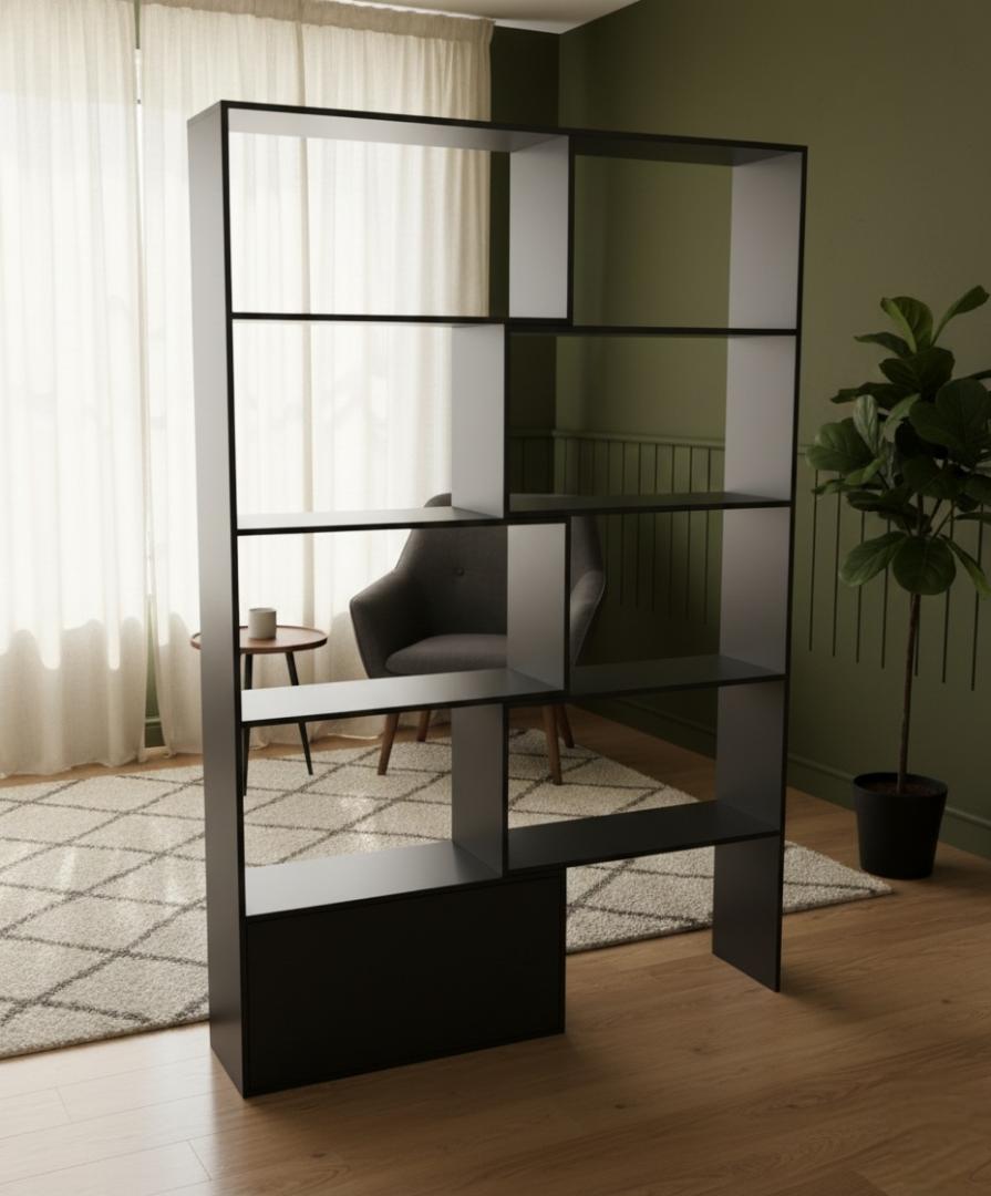 Expandable Modern Geometric Bookshelf Room Divider with Storage Cabinet | White, Black & Royal Teak Varieties | Versatile Home & Office Display Shelf Unit