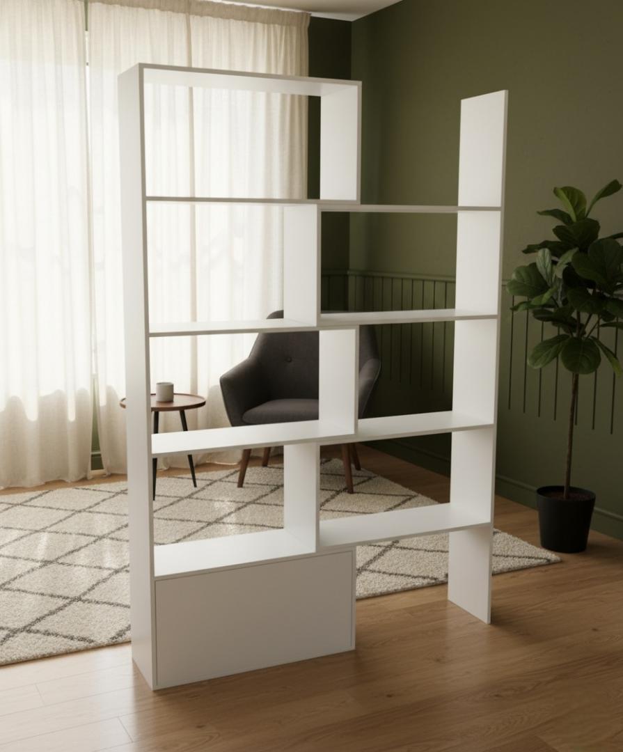 Expandable Modern Geometric Bookshelf Room Divider with Storage Cabinet | White, Black & Royal Teak Varieties | Versatile Home & Office Display Shelf Unit