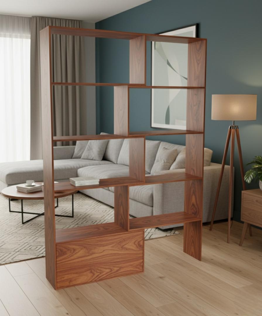 Expandable Modern Geometric Bookshelf Room Divider with Storage Cabinet | White, Black & Royal Teak Varieties | Versatile Home & Office Display Shelf Unit