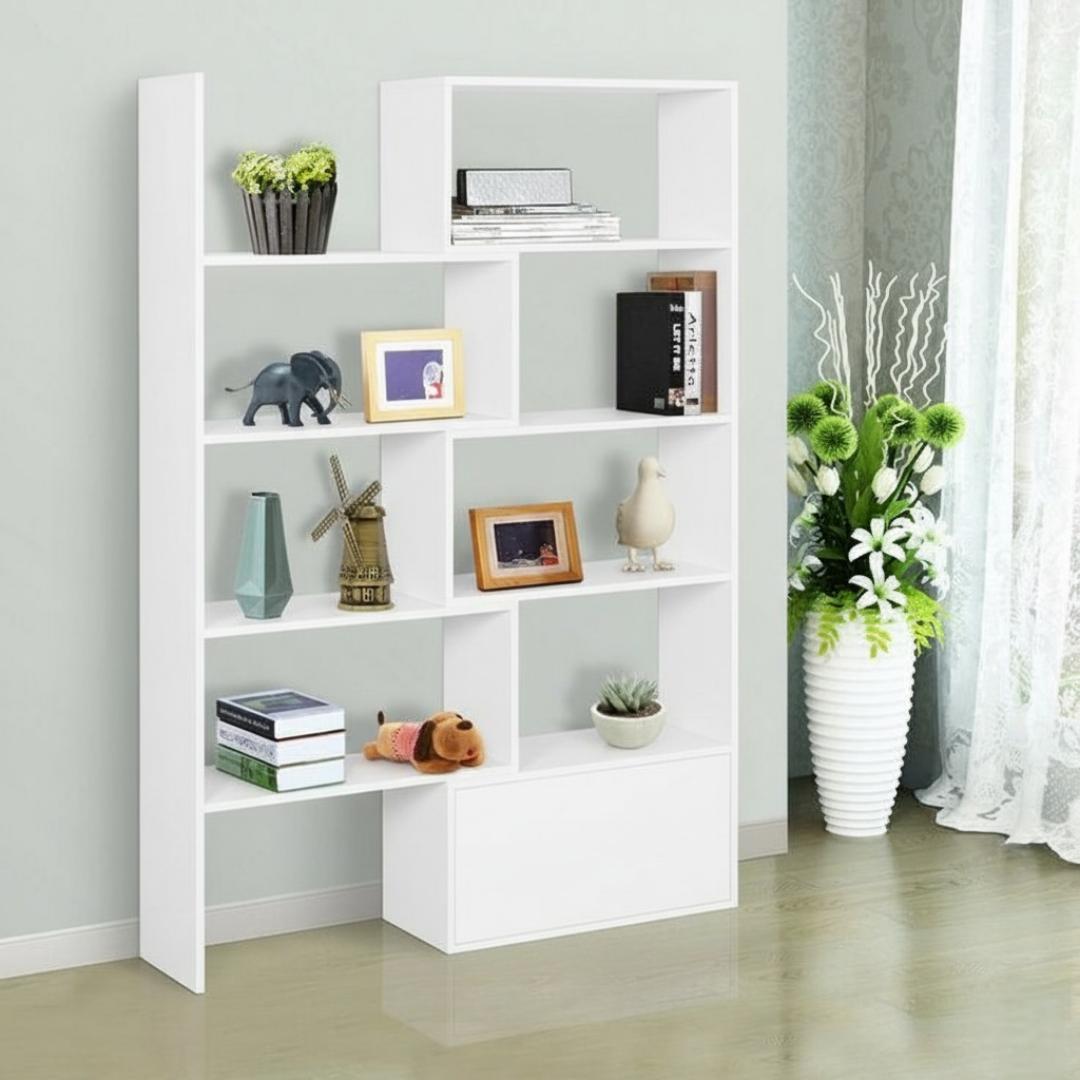Expandable Modern Geometric Bookshelf Room Divider with Storage Cabinet | White, Black & Royal Teak Varieties | Versatile Home & Office Display Shelf Unit