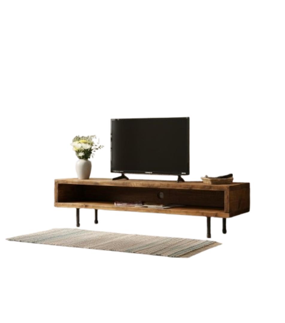 Natural seasoned wood ​Rustic Industrial TV Stand & Low Media Console | Vintage Wood Grain Entertainment Center with Open Shelf, Large TV Cabinet, Metal Legs