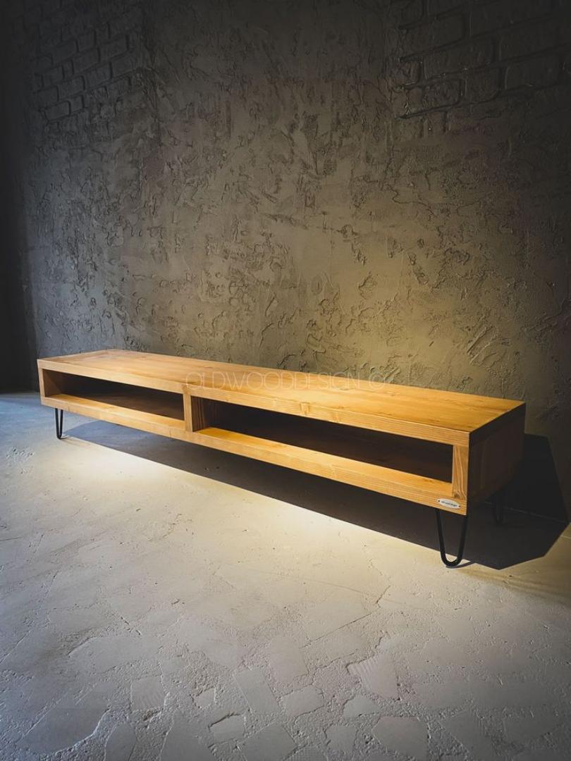 Natural seasoned wood ​Rustic Industrial TV Stand & Low Media Console | Vintage Wood Grain Entertainment Center with Open Shelf, Large TV Cabinet, Metal Legs