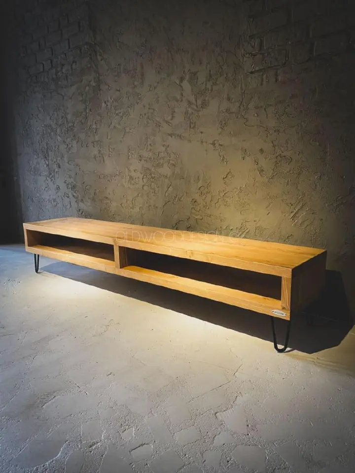 Natural seasoned wood ​Rustic Industrial TV Stand & Low Media Console | Vintage Wood Grain Entertainment Center with Open Shelf, Large TV Cabinet, Metal Legs