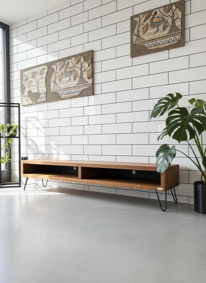 Natural seasoned wood ​Rustic Industrial TV Stand & Low Media Console | Vintage Wood Grain Entertainment Center with Open Shelf, Large TV Cabinet, Metal Legs