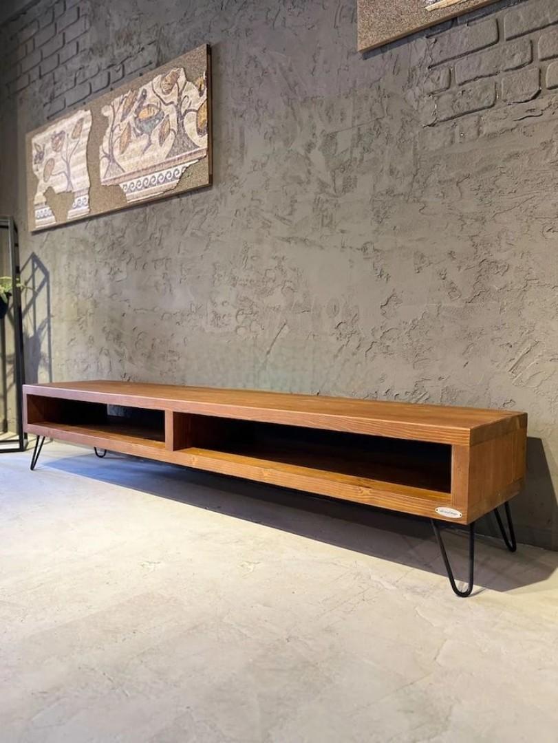 Natural seasoned wood ​Rustic Industrial TV Stand & Low Media Console | Vintage Wood Grain Entertainment Center with Open Shelf, Large TV Cabinet, Metal Legs