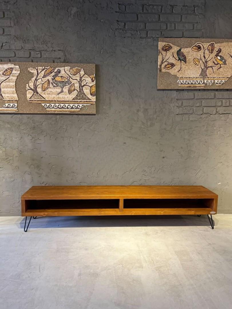 Natural seasoned wood ​Rustic Industrial TV Stand & Low Media Console | Vintage Wood Grain Entertainment Center with Open Shelf, Large TV Cabinet, Metal Legs
