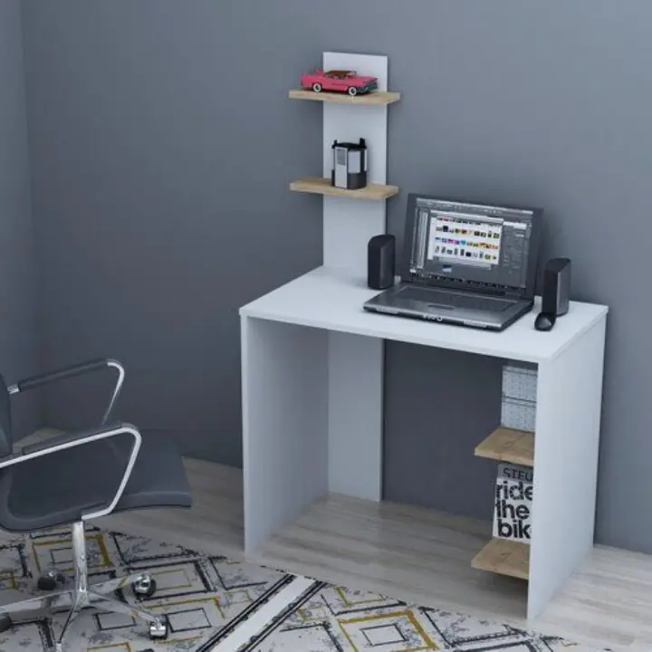 ​Modern Study Computer Desk with Storage Shelf | Sleek Home Office Workstation in Black or White | Compact Gaming Laptop Table with Wood Accent