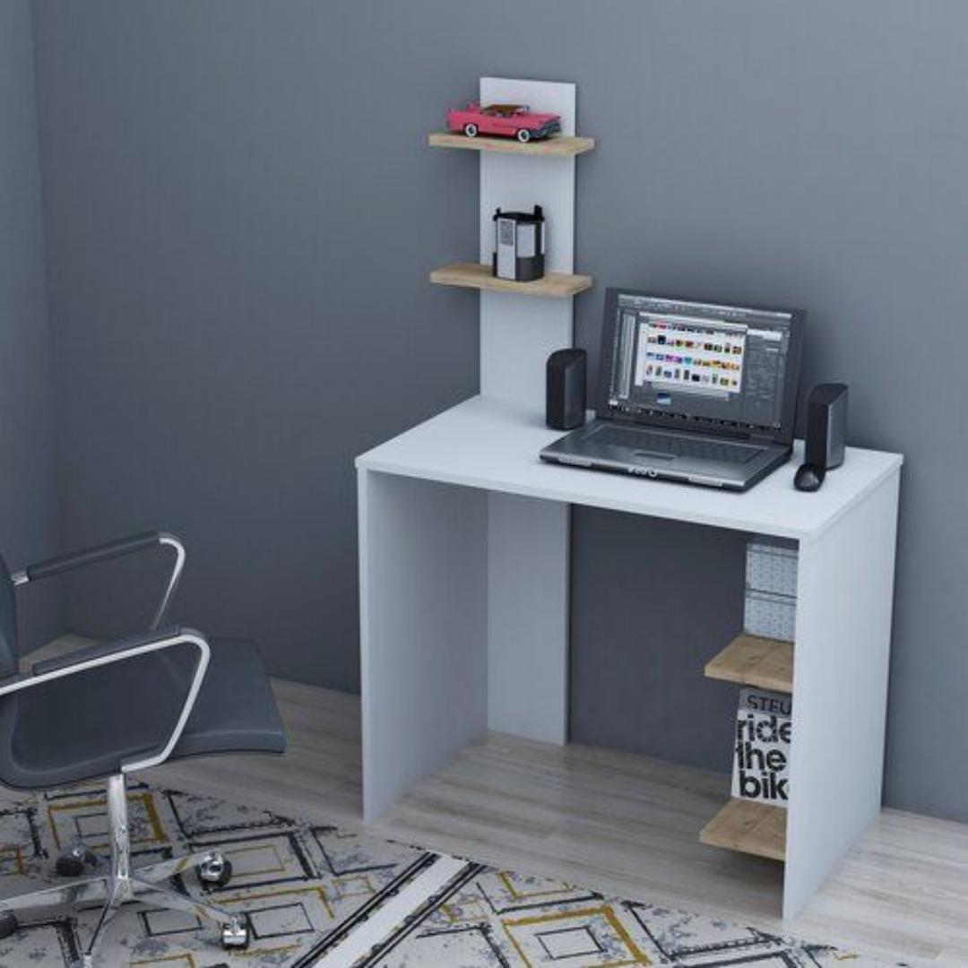 ​Modern Study Computer Desk with Storage Shelf | Sleek Home Office Workstation in Black or White | Compact Gaming Laptop Table with Wood Accent