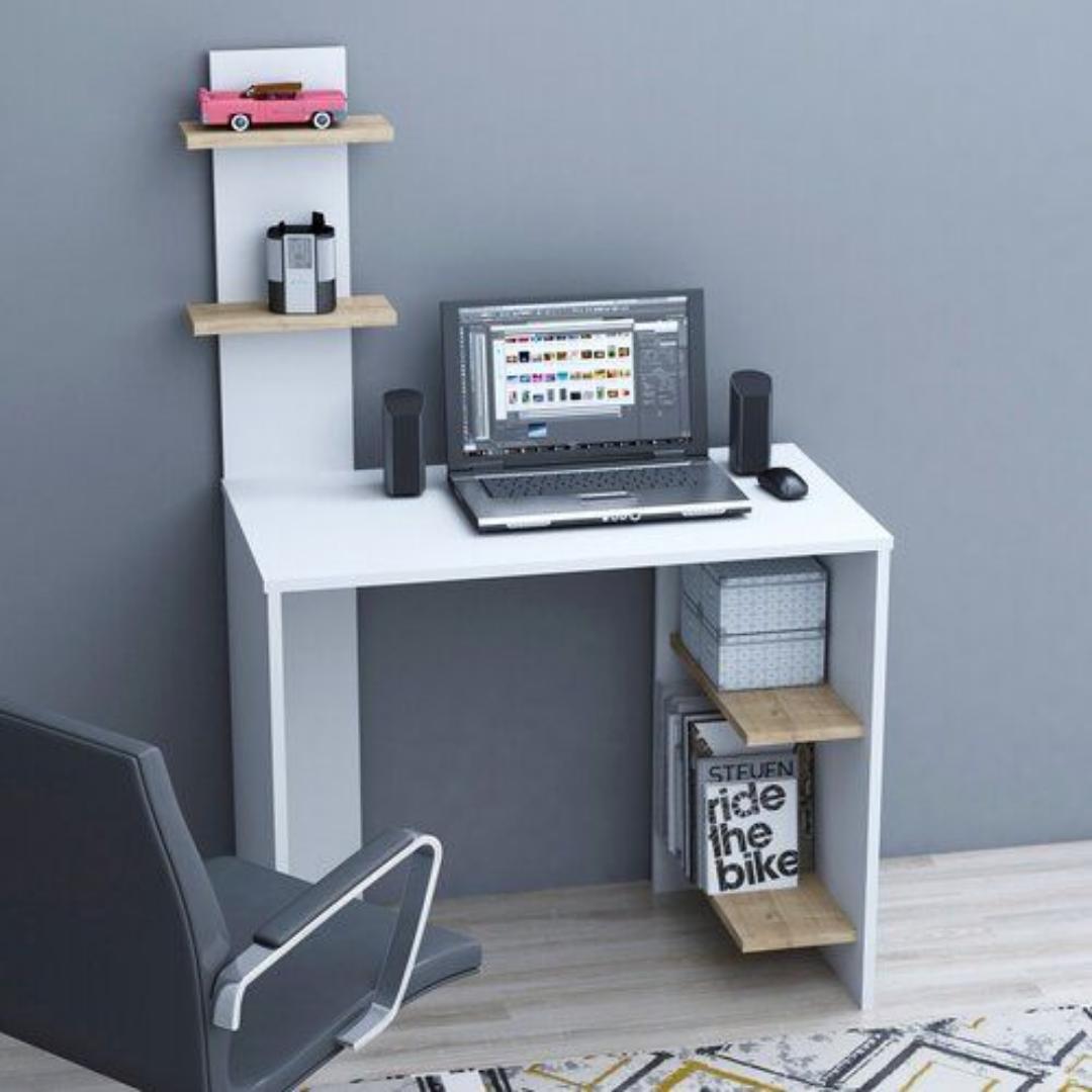​Modern Study Computer Desk with Storage Shelf | Sleek Home Office Workstation in Black or White | Compact Gaming Laptop Table with Wood Accent