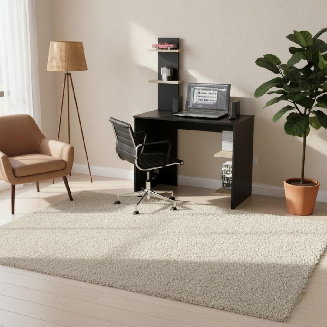 ​Modern Study Computer Desk with Storage Shelf | Sleek Home Office Workstation in Black or White | Compact Gaming Laptop Table with Wood Accent