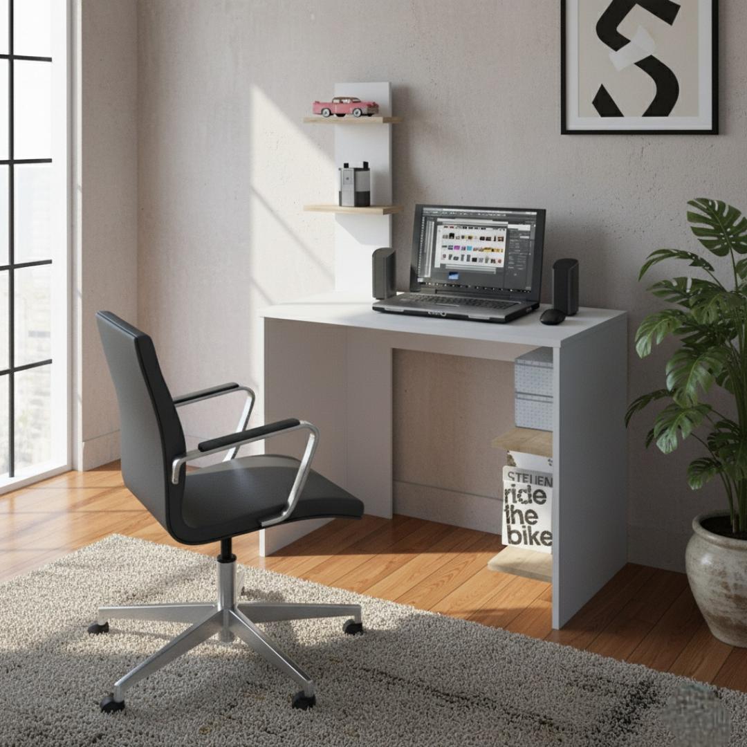 ​Modern Study Computer Desk with Storage Shelf | Sleek Home Office Workstation in Black or White | Compact Gaming Laptop Table with Wood Accent