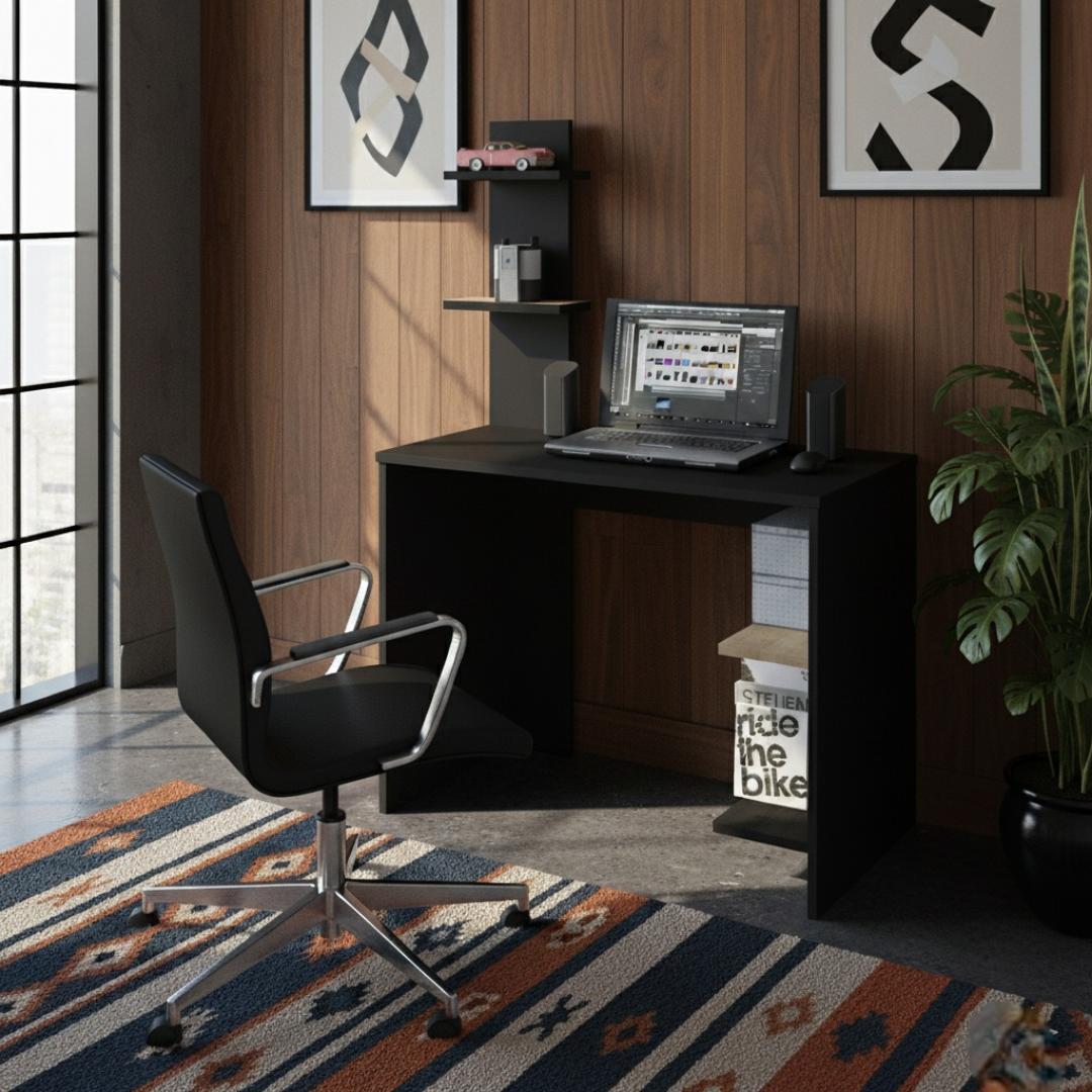 ​Modern Study Computer Desk with Storage Shelf | Sleek Home Office Workstation in Black or White | Compact Gaming Laptop Table with Wood Accent