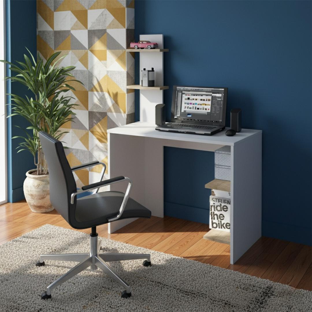 ​Modern Study Computer Desk with Storage Shelf | Sleek Home Office Workstation in Black or White | Compact Gaming Laptop Table with Wood Accent