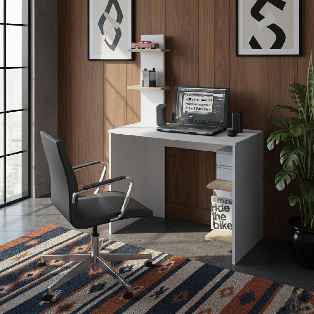 ​Modern Study Computer Desk with Storage Shelf | Sleek Home Office Workstation in Black or White | Compact Gaming Laptop Table with Wood Accent