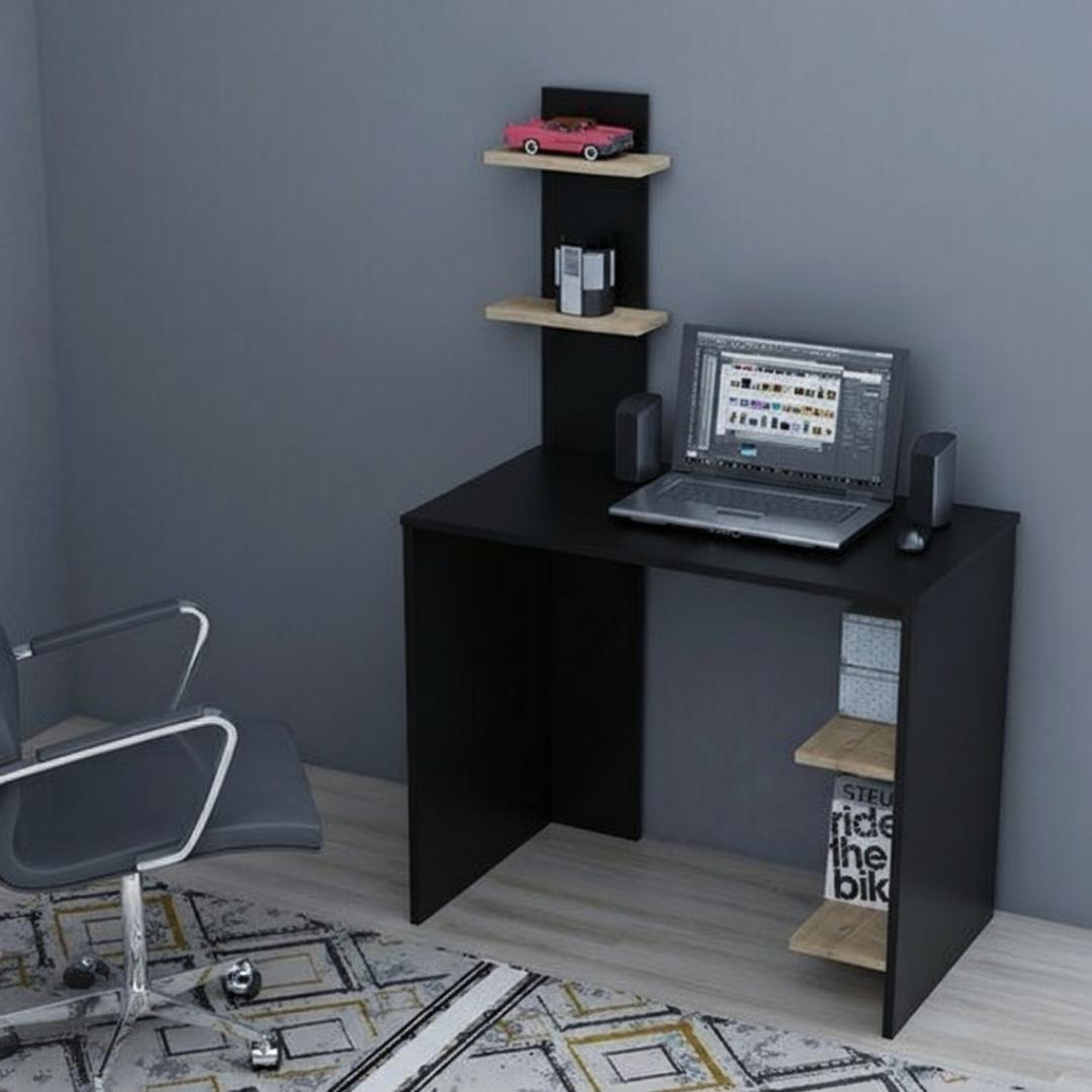 ​Modern Study Computer Desk with Storage Shelf | Sleek Home Office Workstation in Black or White | Compact Gaming Laptop Table with Wood Accent