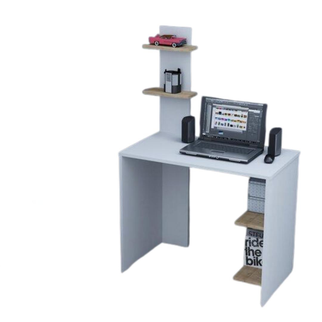 ​Modern Study Computer Desk with Storage Shelf | Sleek Home Office Workstation in Black or White | Compact Gaming Laptop Table with Wood Accent