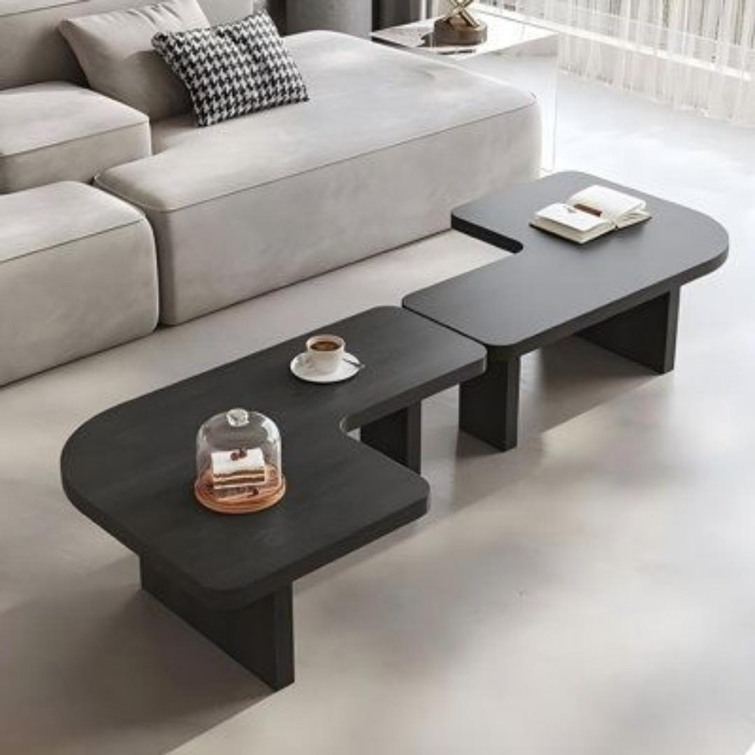 ​Modern 2-Piece Interlocking Coffee Table Set - L-Shape Nesting/Adjustable Lounge Table. Light Oak, Walnut & Black Living Room Furniture