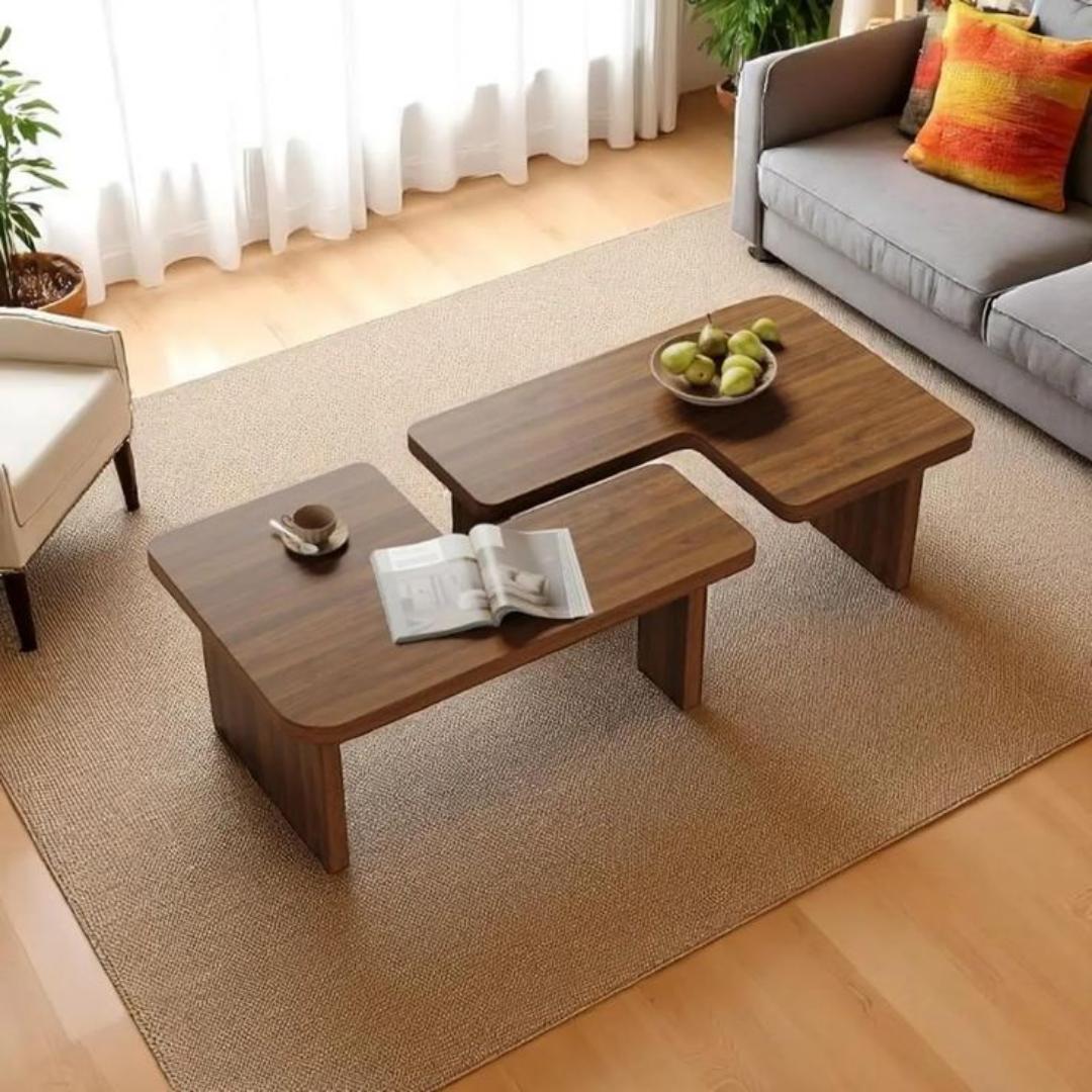 ​Modern 2-Piece Interlocking Coffee Table Set - L-Shape Nesting/Adjustable Lounge Table. Light Oak, Walnut & Black Living Room Furniture