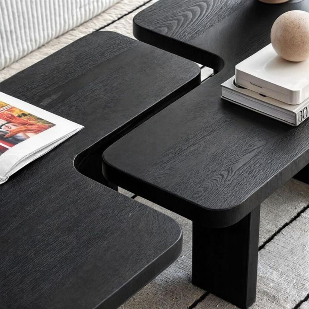 ​Modern 2-Piece Interlocking Coffee Table Set - L-Shape Nesting/Adjustable Lounge Table. Light Oak, Walnut & Black Living Room Furniture