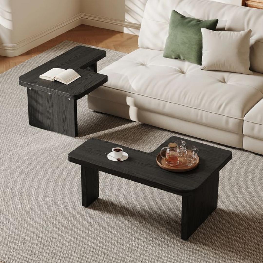 ​Modern 2-Piece Interlocking Coffee Table Set - L-Shape Nesting/Adjustable Lounge Table. Light Oak, Walnut & Black Living Room Furniture