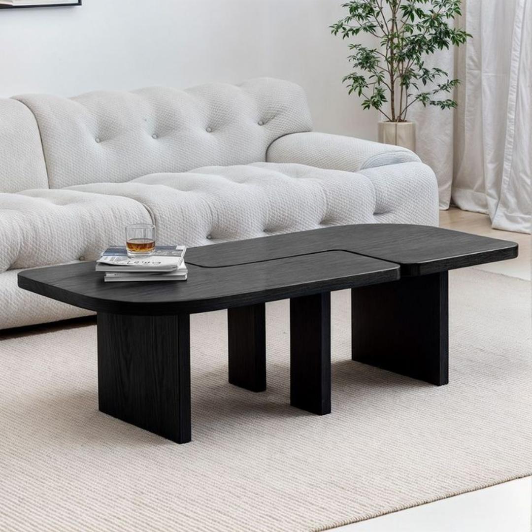 ​Modern 2-Piece Interlocking Coffee Table Set - L-Shape Nesting/Adjustable Lounge Table. Light Oak, Walnut & Black Living Room Furniture