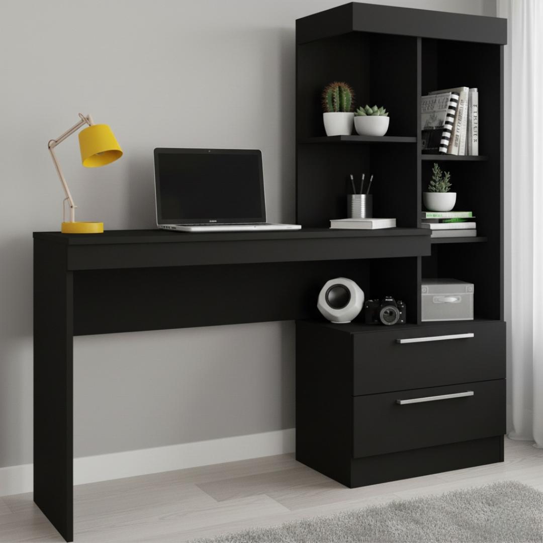 Modern White/Black/Brown Study Desk with Bookshelf & Storage Drawers - Ideal for Home Office & Student Use - Space-Saving Computer Table with Shelves