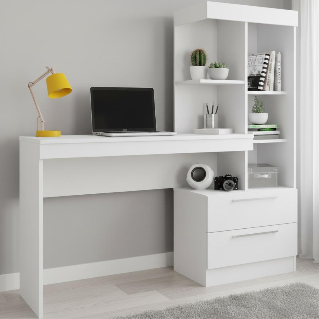 Modern White/Black/Brown Study Desk with Bookshelf & Storage Drawers - Ideal for Home Office & Student Use - Space-Saving Computer Table with Shelves