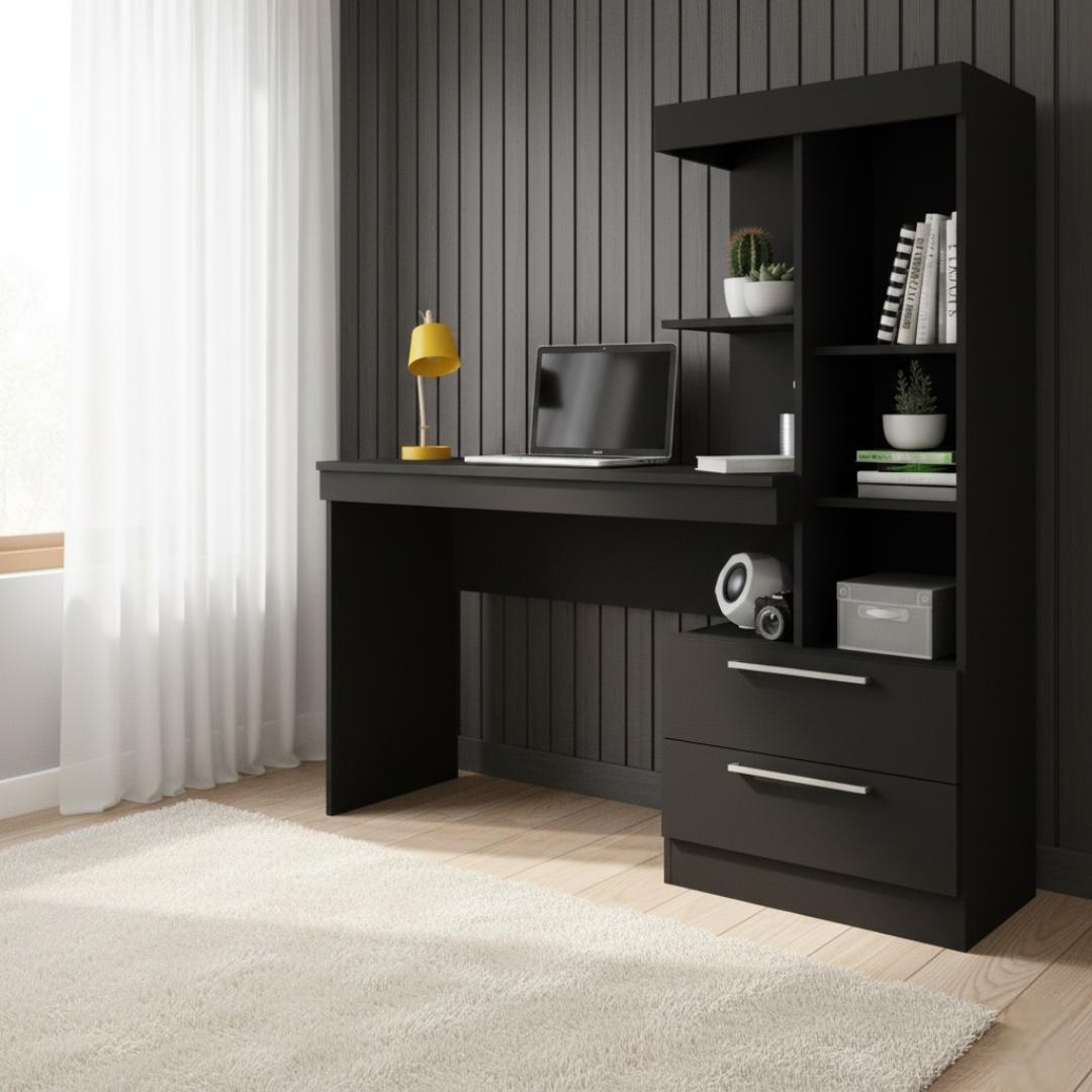 Modern White/Black/Brown Study Desk with Bookshelf & Storage Drawers - Ideal for Home Office & Student Use - Space-Saving Computer Table with Shelves