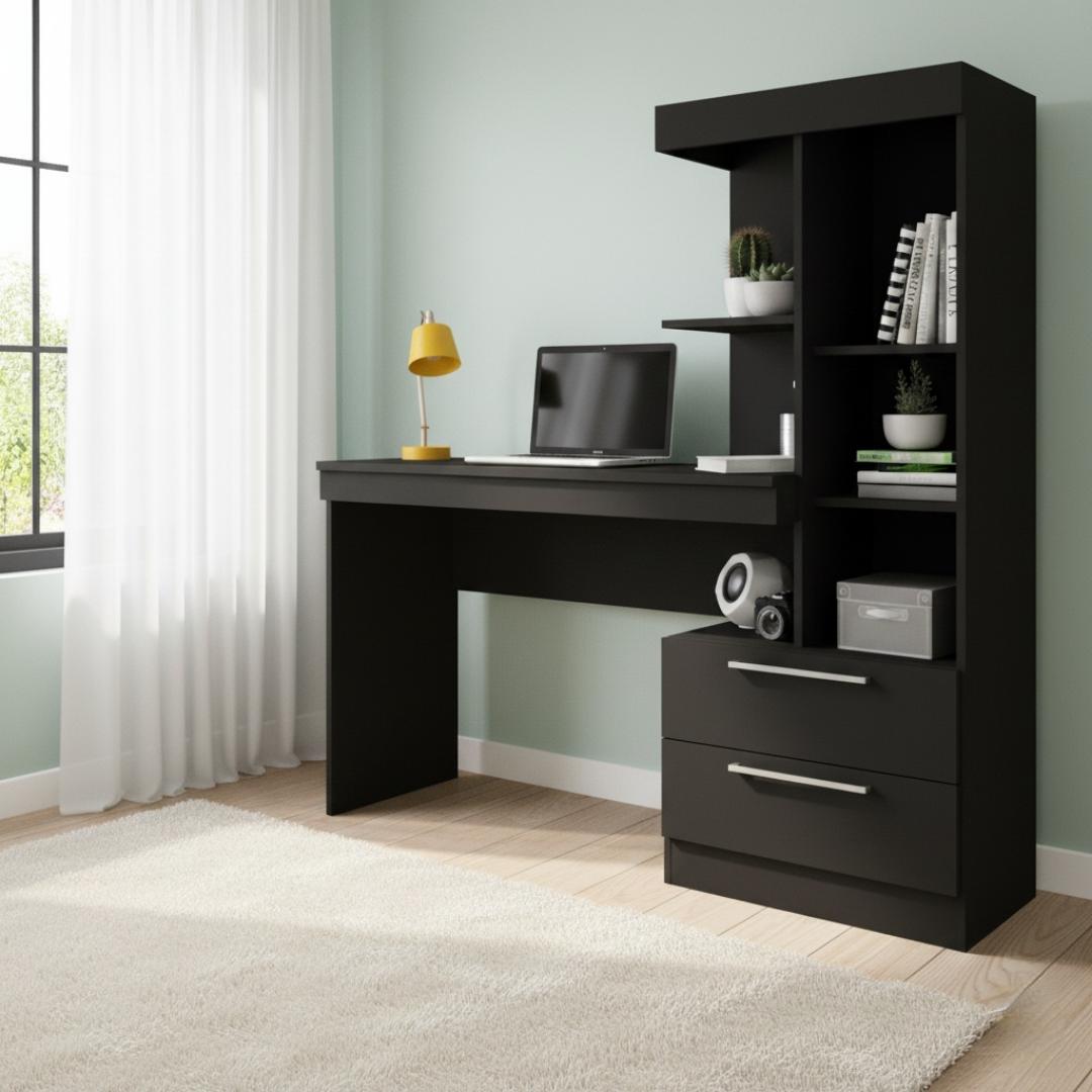 Modern White/Black/Brown Study Desk with Bookshelf & Storage Drawers - Ideal for Home Office & Student Use - Space-Saving Computer Table with Shelves