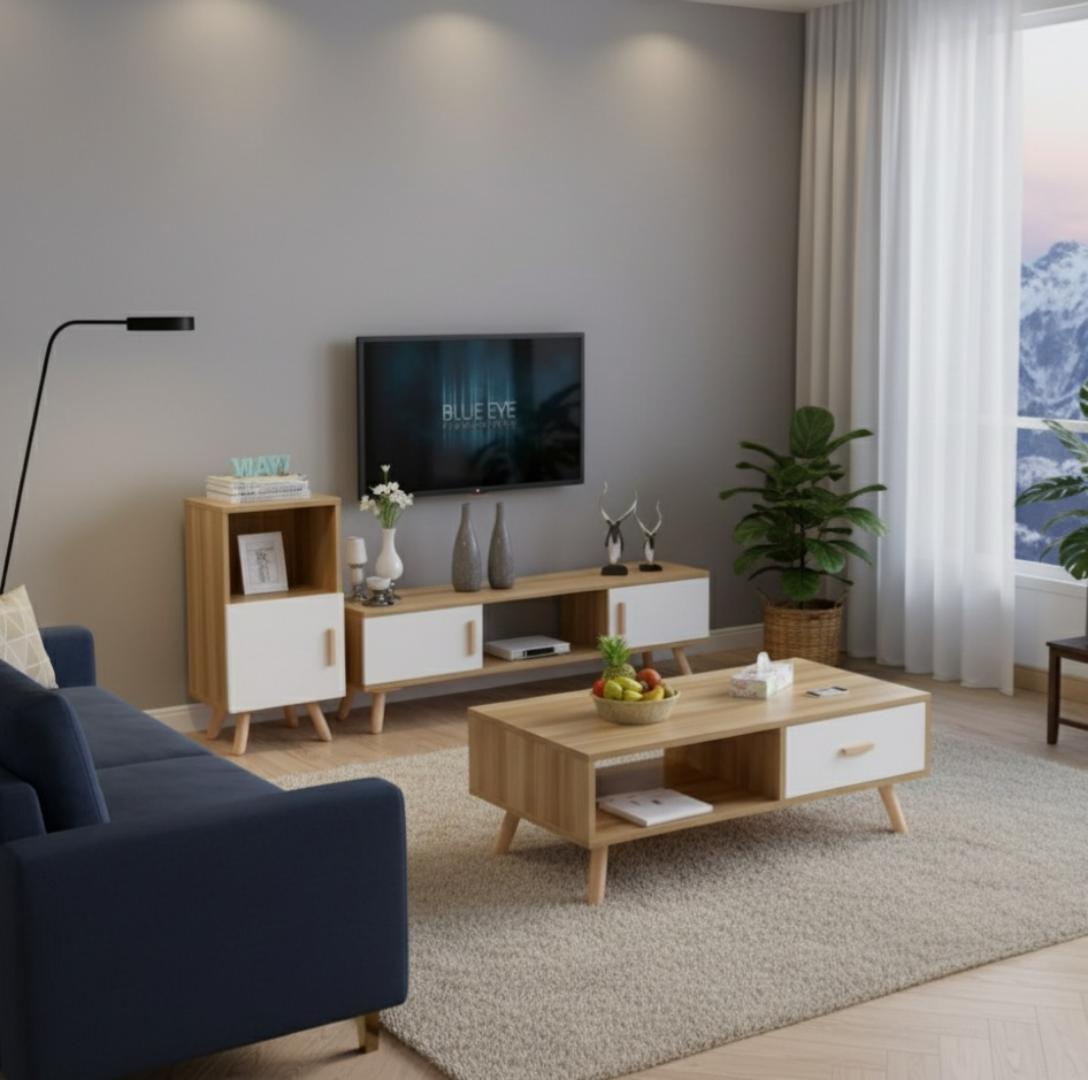 ​3-in-1 Nordic Mid-Century Modern Living Room Furniture Set: TV Stand, Coffee Table & Storage Cabinet/Side Table - White/Oak Wooden Design, Durable Home Decor