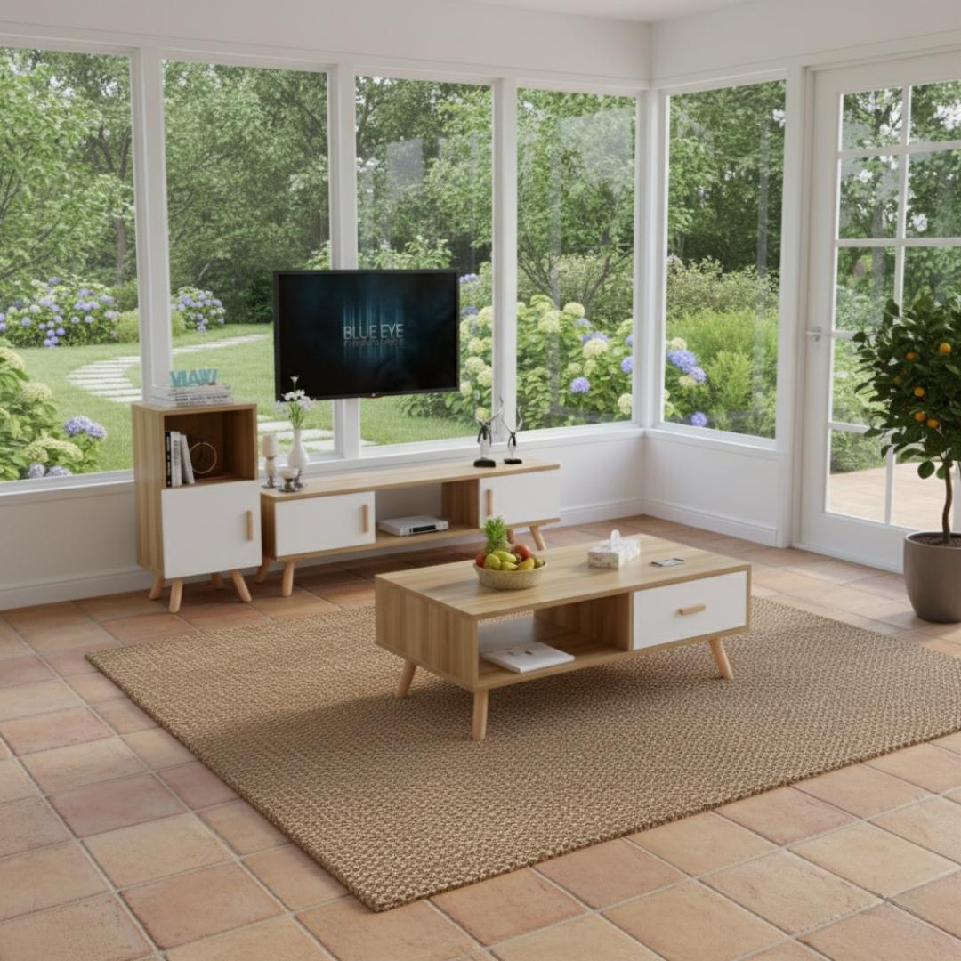 ​3-in-1 Nordic Mid-Century Modern Living Room Furniture Set: TV Stand, Coffee Table & Storage Cabinet/Side Table - White/Oak Wooden Design, Durable Home Decor