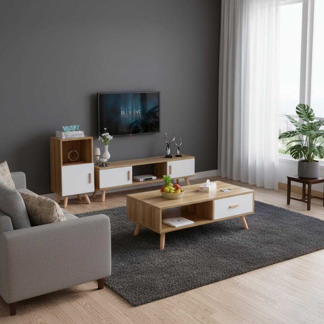 ​3-in-1 Nordic Mid-Century Modern Living Room Furniture Set: TV Stand, Coffee Table & Storage Cabinet/Side Table - White/Oak Wooden Design, Durable Home Decor