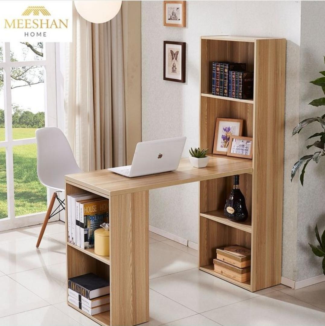 Premium L-Shape Office Study Desk with Storage Shelf | Modern Rotating Corner Computer Workstation Table | Multi-functional Bookcase Laptop Home Furniture Black