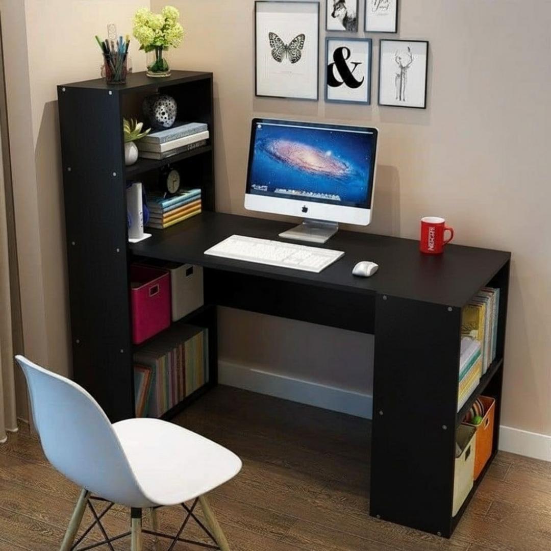 Premium L-Shape Office Study Desk with Storage Shelf | Modern Rotating Corner Computer Workstation Table | Multi-functional Bookcase Laptop Home Furniture Black