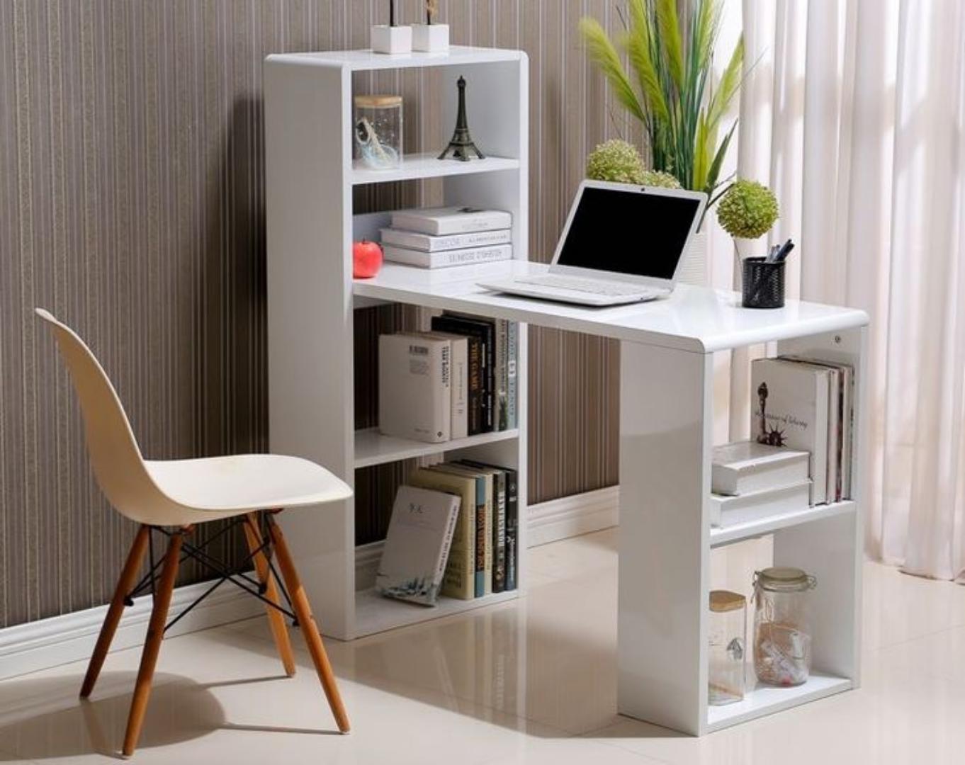 Premium L-Shape Office Study Desk with Storage Shelf | Modern Rotating Corner Computer Workstation Table | Multi-functional Bookcase Laptop Home Furniture Black